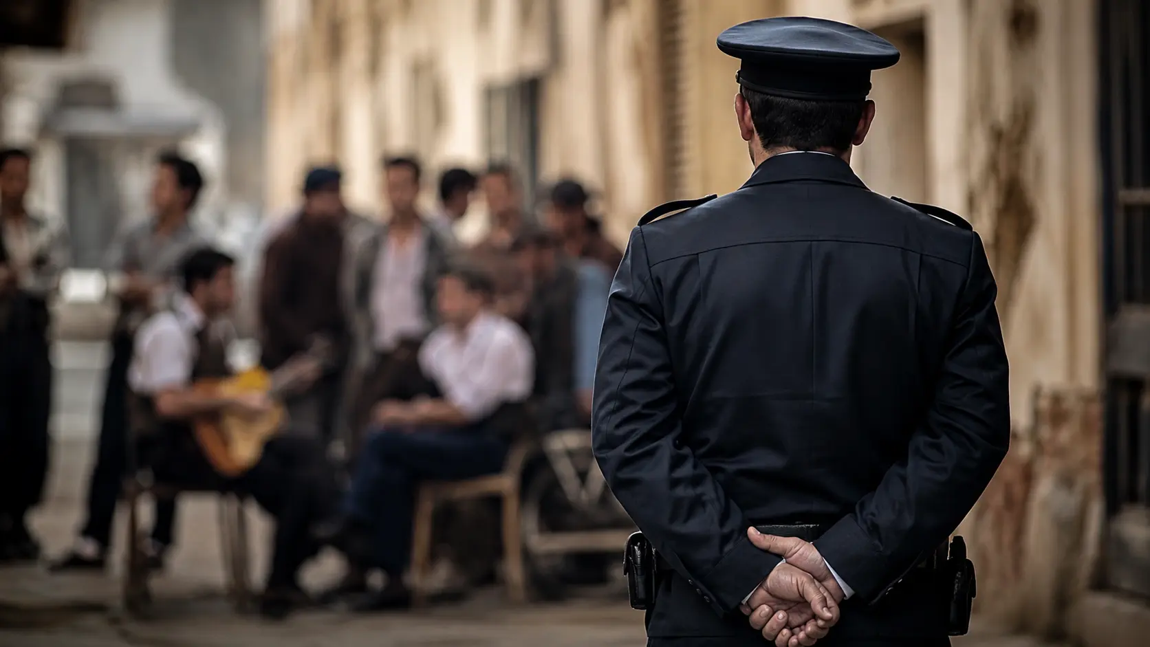 Αστυνομικός κοιτάει πλήθος