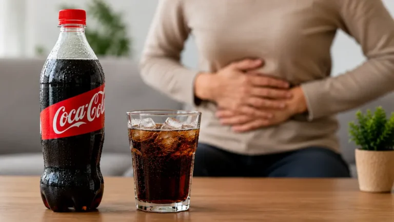Coca Cola πάνω σε τραπέζι και από πίσω ένας άντρας με στομαχόπονο