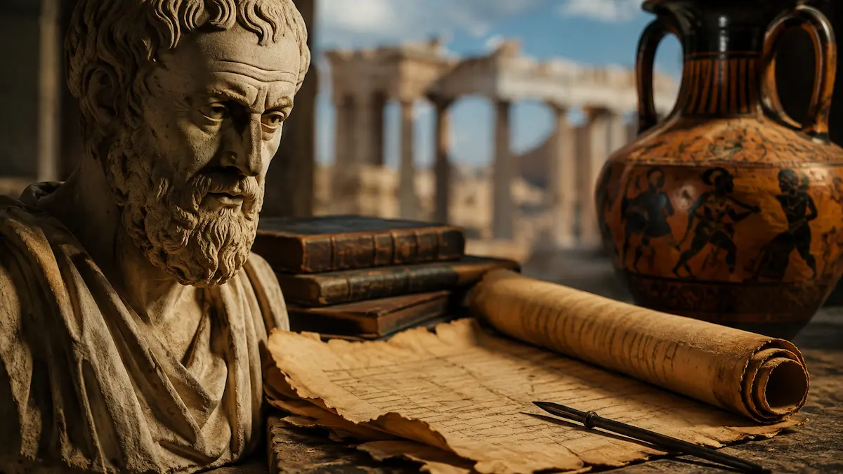 Προτομή αρχαίου Έλληνα φιλοσόφου δίπλα σε πάπυρο και αρχαίο ελληνικό αγγείο, με αρχαίο ναό στο βάθος