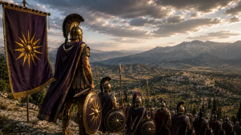 Αρχαίοι Μακεδόνες πολεμιστές με ασπίδες και δόρατα, με το σύμβολο του Ήλιου της Βεργίνας, σε τοπίο της αρχαίας Μακεδονίας