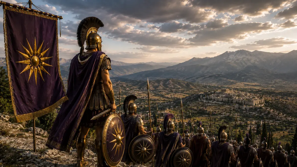 Αρχαίοι Μακεδόνες πολεμιστές με ασπίδες και δόρατα, με το σύμβολο του Ήλιου της Βεργίνας, σε τοπίο της αρχαίας Μακεδονίας