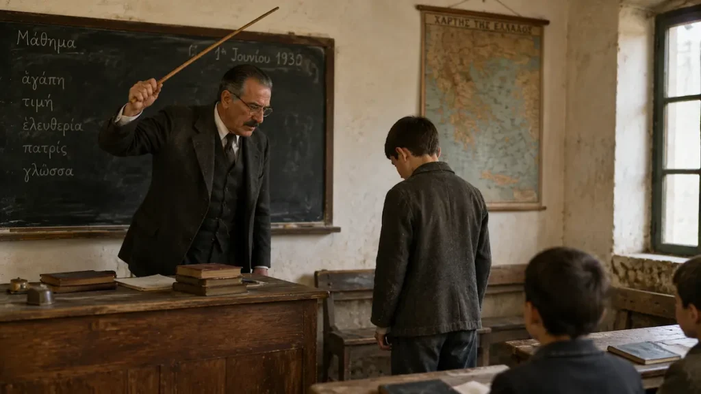 Δάσκαλος σε παλιό σχολείο κρατά υψωμένη ξύλινη βέργα μπροστά σε μαθητή, αναπαριστώντας τη σωματική τιμωρία παλαιότερων εποχών