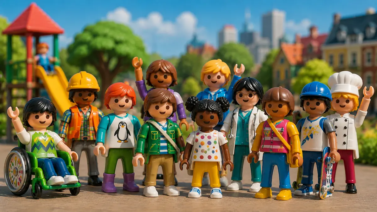 Φιγούρες Playmobil διαφορετικών χαρακτήρων και επαγγελμάτων σε πολύχρωμο σκηνικό πόλης