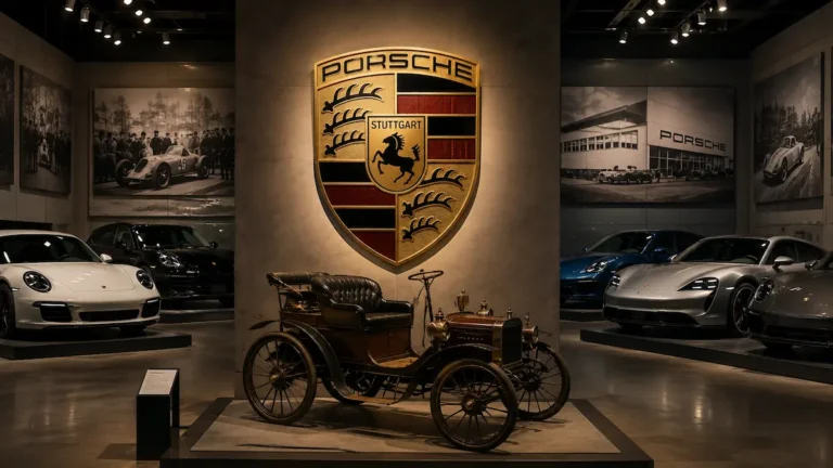 Ιστορικό αυτοκίνητο της Porsche σε μουσειακό χώρο, με το έμβλημα της εταιρείας και σύγχρονα μοντέλα στο φόντο