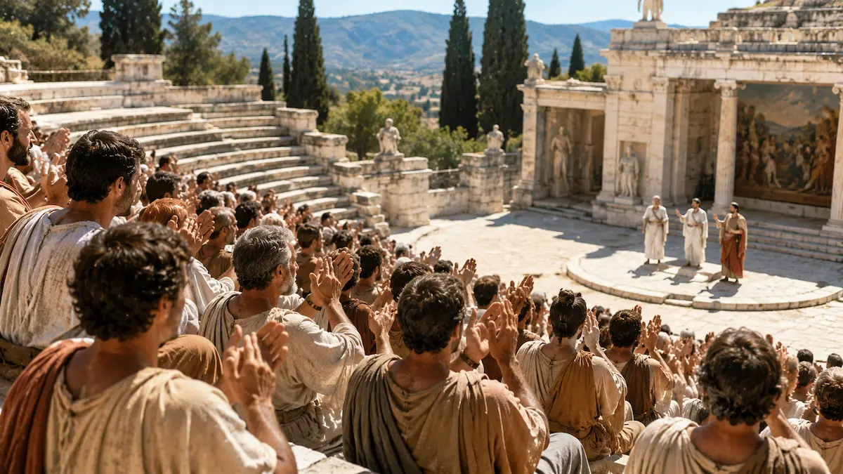 Θεατές χειροκροτούν σε υπαίθριο θέατρο της αρχαίας Ελλάδας κατά τη διάρκεια παράστασης.