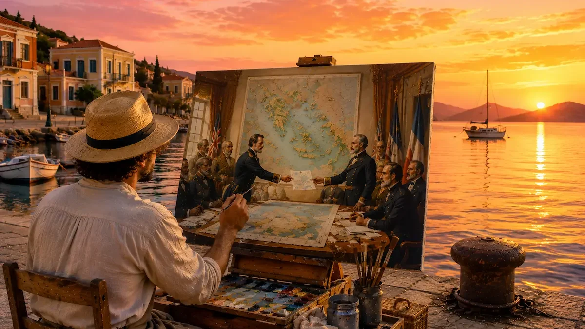 Ζωγράφος σε νησιωτικό λιμάνι αποτυπώνει σε καμβά μια ιστορική συμφωνία για τα Δωδεκάνησα