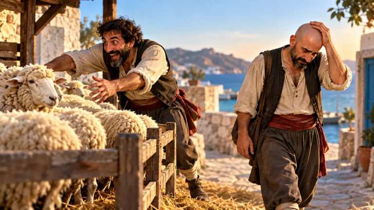 Άνδρας πλησιάζει πρόβατα για το μαλλί τους και στη συνέχεια φεύγει κουρεμένος, απεικονίζοντας την παροιμία “Πήγε για μαλλί και βγήκε κουρεμένος”