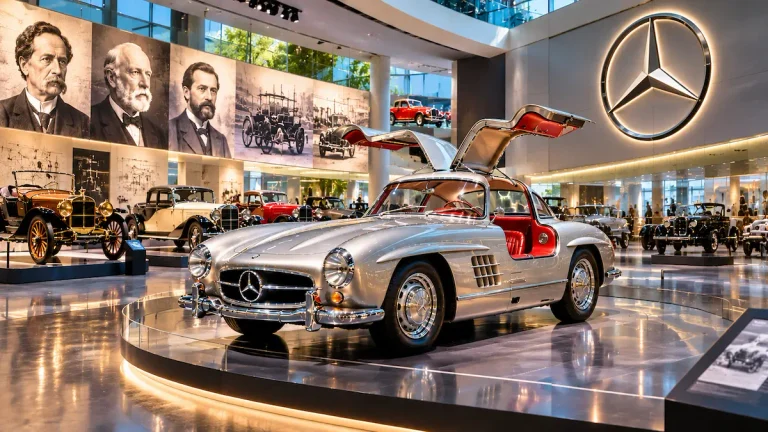 Κλασικά αυτοκίνητα Mercedes-Benz σε σύγχρονο μουσείο, με μια Mercedes 300 SL στο προσκήνιο και το τριάκτινο αστέρι στον τοίχο