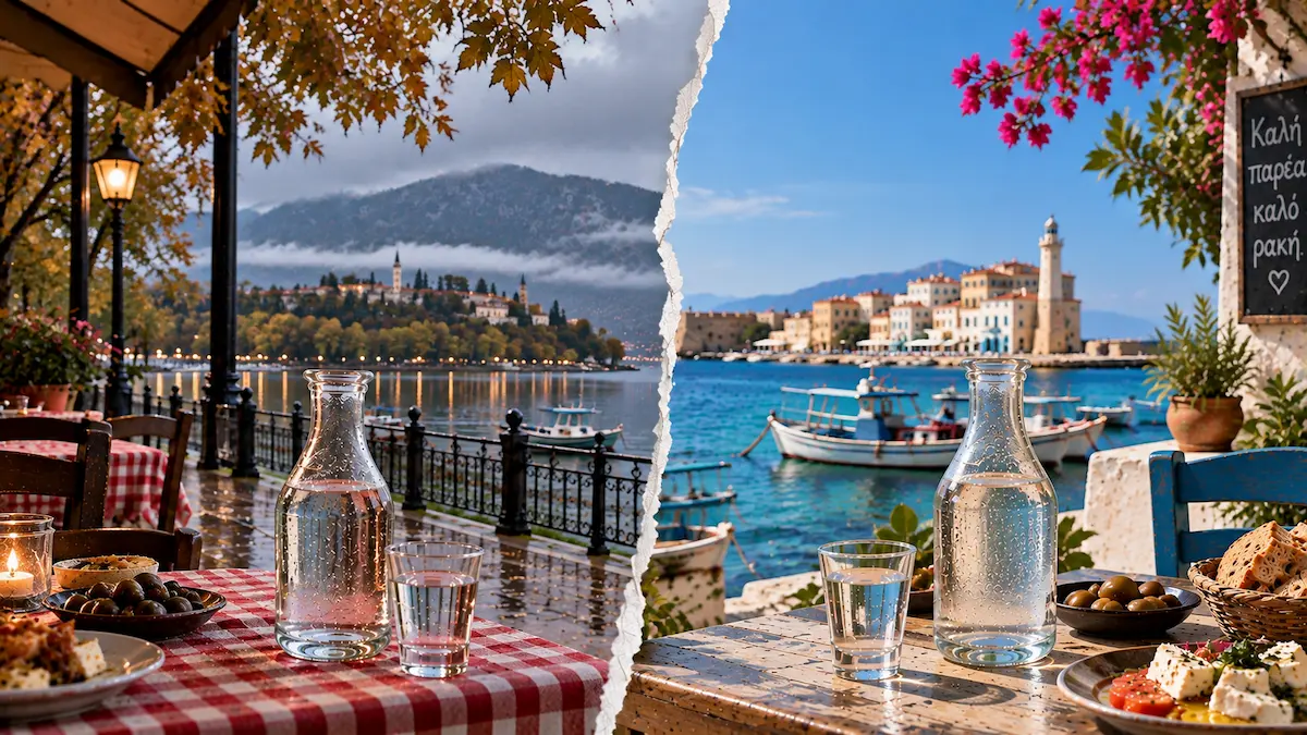 Τσίπουρο σε τραπέζι δίπλα στη λίμνη των Ιωαννίνων και τσικουδιά σε κρητικό παραθαλάσσιο τοπίο