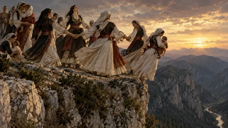 Σουλιώτισσες με παιδιά πιασμένες χέρι χέρι στην άκρη του γκρεμού στο Ζάλογγο.