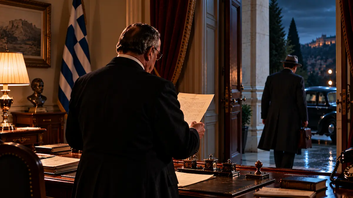 Αναπαράσταση της 28ης Οκτωβρίου 1940, με τον Ιωάννη Μεταξά να διαβάζει το ιταλικό τελεσίγραφο, ενώ ο Ιταλός πρέσβης Εμανουέλε Γκράτσι αποχωρεί