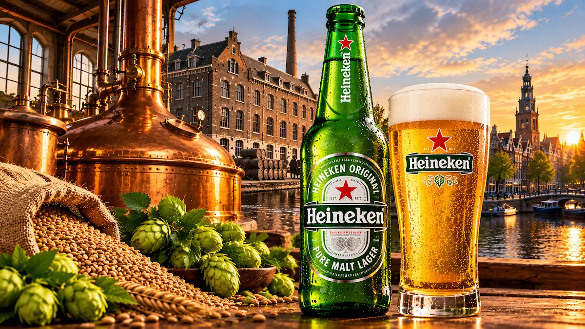 Μπουκάλι και ποτήρι μπίρας Heineken μπροστά από ζυθοποιία, με χάλκινους λέβητες, κριθάρι και λυκίσκο, σε σκηνικό που παραπέμπει στο Άμστερνταμ