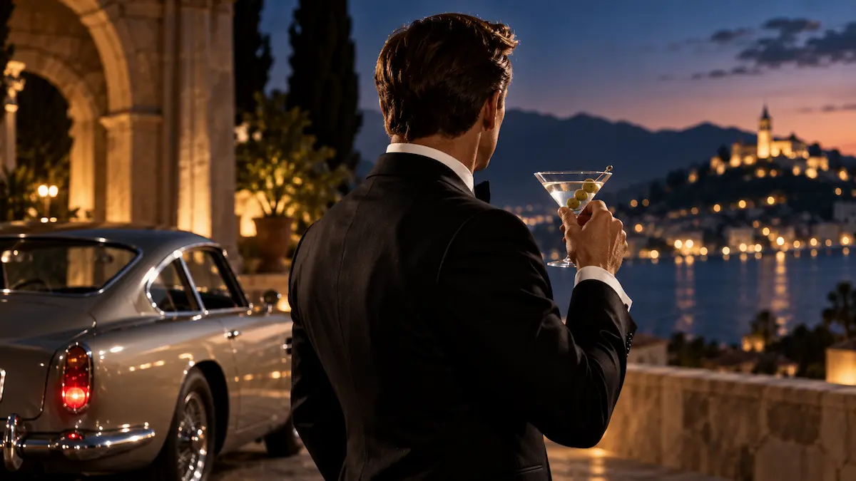 Άνδρας με μαύρο σμόκιν, φωτογραφημένος από πίσω ώστε να μη φαίνεται το πρόσωπό του, κρατά ένα ποτήρι μαρτίνι με ελιές. Δίπλα του βρίσκεται ένα κλασικό αυτοκίνητο, με φόντο μια φωτισμένη παραθαλάσσια πόλη το σούρουπο