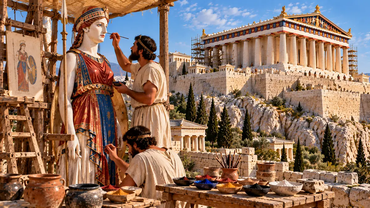 Καλλιτεχνική αναπαράσταση αρχαίων Ελλήνων τεχνιτών που χρωματίζουν μαρμάρινο άγαλμα, με τον πολύχρωμο Παρθενώνα να δεσπόζει στον βράχο της Ακρόπολης